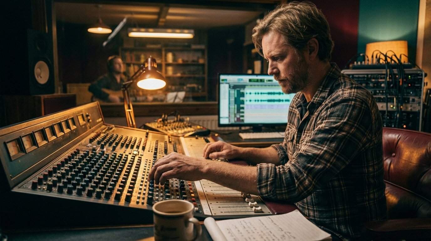 Close-up of mixing console during recording session